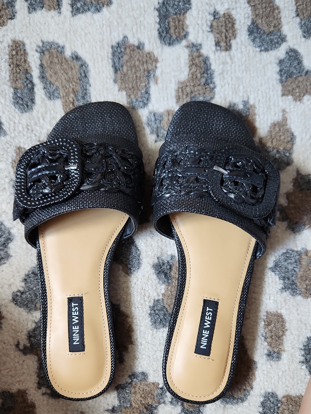 Nine West Black Braided Buckle Slide Mules Sz 6